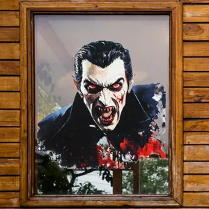 Détail d'autocollant Halloween pour vitre avec gnome vampire, crocs et sang sur verre