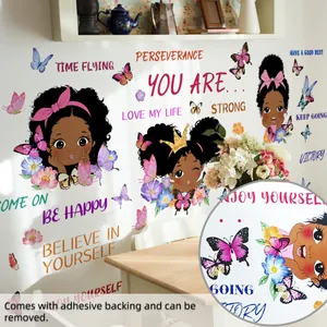 Detail of self-adhesive cartoon girl wall decals with flowers and butterfly motifs