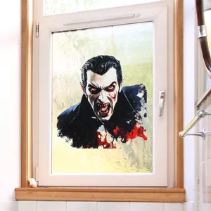Détail de l'autocollant Halloween vampire avec yeux rouges et taches de sang