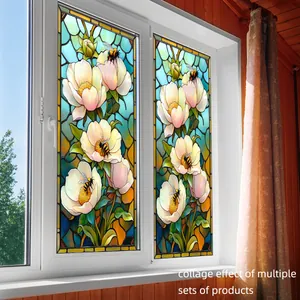 Vue détaillée du film statique pour fenêtre avec pivoines blanches et abeilles