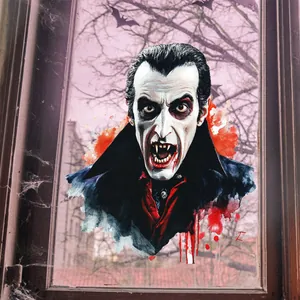 Sticker de fenêtre vampire détaillé montrant un Dracula aquarelle avec chauves-souris pour Halloween