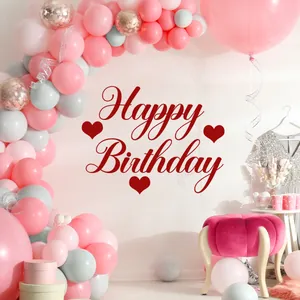 Pink and white balloon arch set with a deep red Happy Birthday wall decal sticker