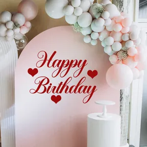 Pink gradient backdrop with Happy Birthday text and balloons for party decoration