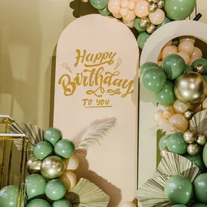 Elegant sage green and gold balloon arch kit with Happy Birthday backdrop set