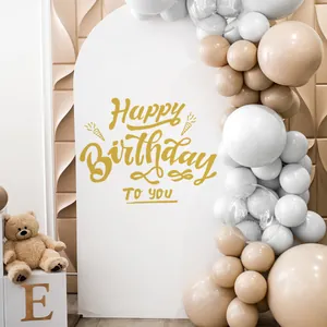 Detail of Happy Birthday TO YOU arch backdrop with balloon arch and teddy bear decor