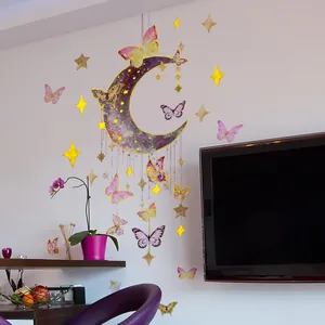 Starry moon and butterfly wall decals with gold stars for dreamy home wall decoration