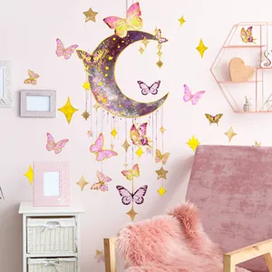 Dreamy Moon Butterfly Star Wall Sticker Gold Hot Stamping Metallic Texture PVC Decal For Kids Room Bedroom Home Decor