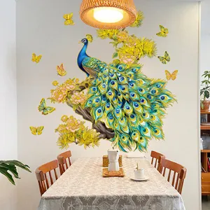 Close-up of golden peacock and floral wall decals in a warm dining room setting