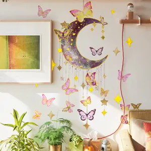 Starry moon and purple butterfly wall decals for dreamy bedroom and living room decor