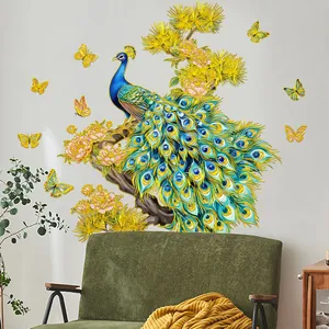 Detailed view of elegant blue peacock wall sticker with pink flowers and gold butterflies