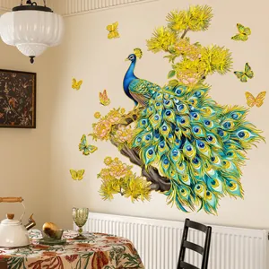Detail of elegant peacock wall sticker with golden accents and vibrant floral patterns