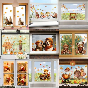 Autumn Thanksgiving Window Clings Cartoon Bear Gnome Pumpkin Maple Leaves Decorative Static Glass Stickers For Holiday Home Decor