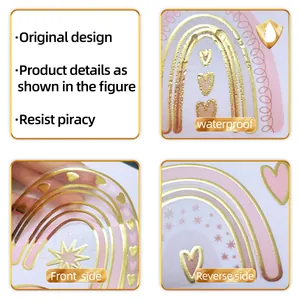 Sticker mural arc-en-ciel imperméable en feuille d'or avec motifs de cœurs et étoiles