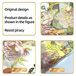 Waterproof floral wall stickers with gold foil outline showing front and back view