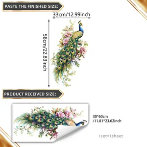 Peacock and flower wall sticker dimensions showing finished size and original layout sheet