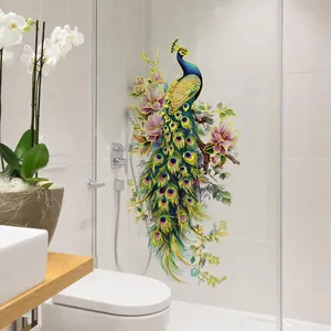 Elegant gold foil peacock and floral wall sticker on glass shower door decor