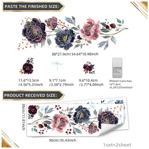 Buntes Blumenwandtattoo-Set mit lila Pfingstrosen und goldenen Schmetterlingen für Deko