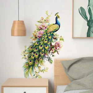 Detailed view of peacock and floral gold-stamped wall sticker in a modern bedroom setup