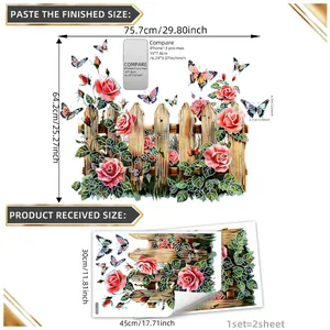 Colorful floral fence and butterfly wall stickers for living room home decor