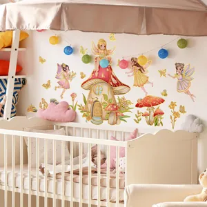 Whimsical watercolor wall stickers featuring fairies mushrooms and butterflies for nursery