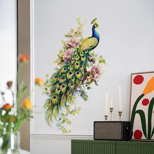 Detail of elegant peacock wall sticker with gold foil and purple flowers decoration