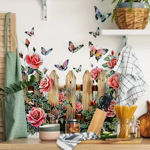 Floral fence and colorful butterflies wall sticker for living room and bedroom home decor