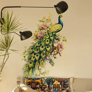 Detail of elegant peacock and floral gold-stamped wall sticker in a modern living room