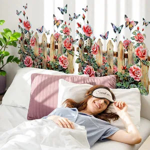 Pastoral Wood Fence Red Rose Floral Butterfly Wall Sticker Removable PVC Decorative Mural For Living Room Bedroom