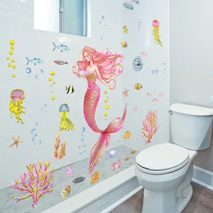 Cartoon mermaid wall stickers with gold foil accents for kids bathroom and room decor