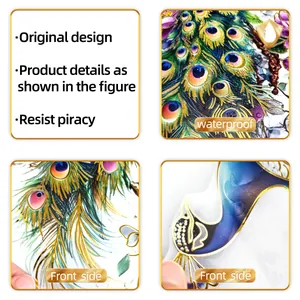 Macro detail of waterproof peacock wall stickers featuring gold foil textures and blue feathers