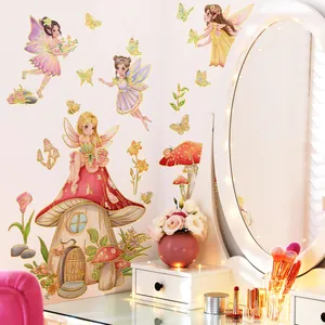 Colorful cartoon fairy and mushroom house wall stickers for a dreamy bedroom decor
