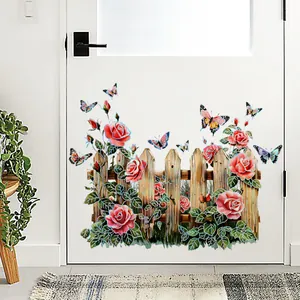 Floral fence wall sticker with red roses and butterflies on white door background
