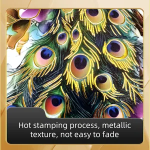 Macro detail of hot stamping peacock feather pattern with golden metallic texture