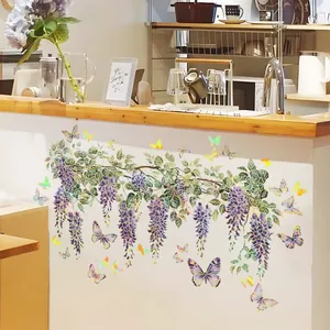 Wandsticker mit lila Glyzinien und Schmetterlingen für Wohnzimmer Wanddekoration