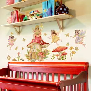 Detail of colorful fairy and mushroom wall stickers applied in a cozy nursery room