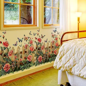Colorful floral fence wall decals with roses and butterflies for bedroom wall decor