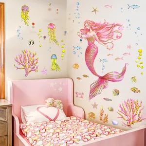 Cartoon mermaid wall stickers with gold foil for girls' bedroom and bathroom decor