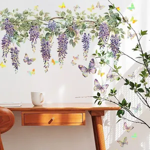 Blauregen Schmetterling Wandaufkleber Goldprägung Lila Floral PVC Wandtattoos Für Wohnzimmer Schlafzimmer Home Hintergrund Dekoration