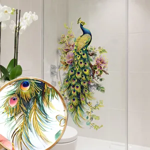 Detailed peacock and flower wall decal with gold foil stamping for glass door decor