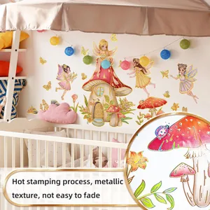 Detail of hot stamping finish on cartoon fairy and mushroom wall stickers with metallic edges