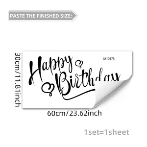 Detail view of 60x30cm Happy Birthday wall sticker with dimensions and heart motifs