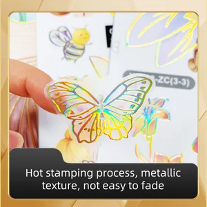 Detail of laser gold foil butterfly sticker showing translucent texture and metallic shine