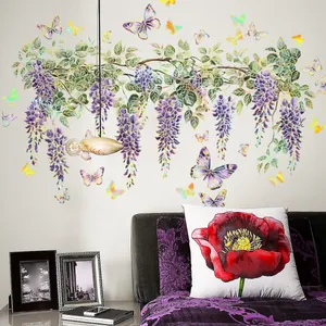 Lebendige lila Wisteria und Schmetterling Wandaufkleber für Wohnzimmer Heimdekoration