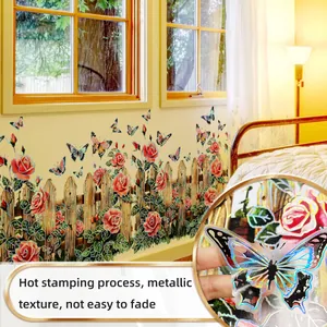 Macro detail of hot-stamping floral wall stickers with metallic butterfly and rose pattern