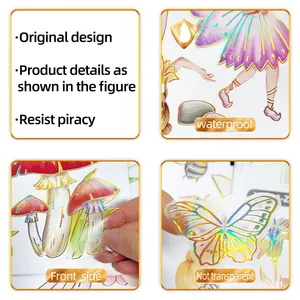 Close-up of waterproof laser gold butterfly and mushroom wall stickers with vibrant colors