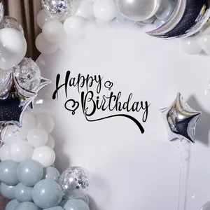 Detail of silver moon and star foil balloons with Happy Birthday wall stickers set