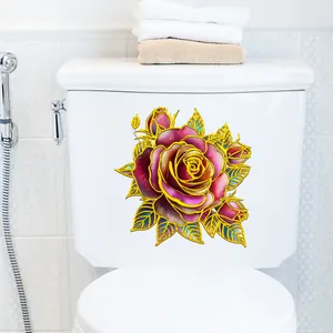 Selbstklebender Blumen-WC-Aufkleber mit goldumrandeter roter Rose auf Keramiktank