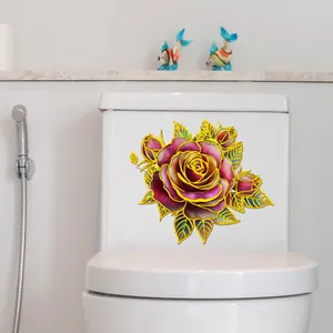 Blumiger Toilettenaufkleber mit goldumrandeten violetten Rosen für Badezimmerdeko