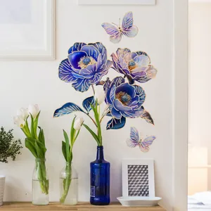 Blue floral wall stickers with golden butterfly accents for bathroom and home decor