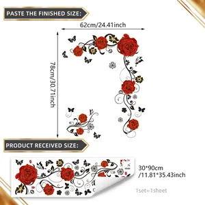Removable red rose wall decal with black vines and butterflies for home wall decor